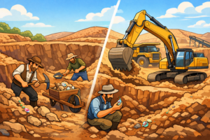 Opal mining Coober Pedy open cut mine showing miners excavating opal layer with machinery and hand tools