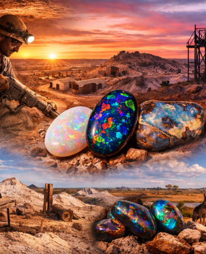 A miner drilling underground at sunset with vivid white, black, and boulder opals, set against the rugged Australian outback