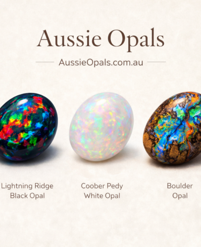 Three Australian opals—Lightning Ridge black opal, Coober Pedy white opal, and boulder opal—displayed on a neutral background with AussieOpals branding and website.