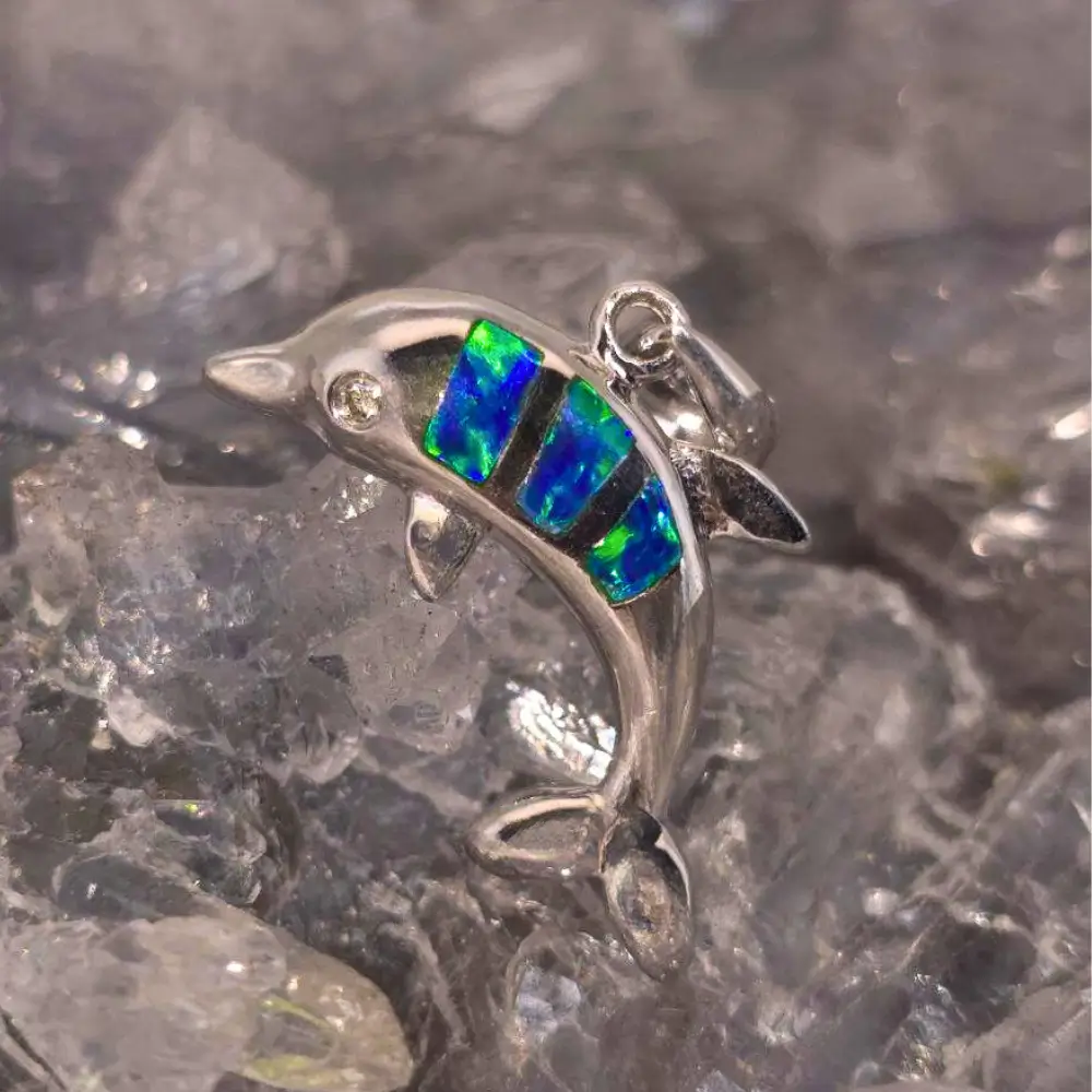 OPCOSPO-1848 (4) Naiʻa dolphin pendant with natural Crystal Opal inlay from Lightning Ridge, set in 14 ct white gold with a natural diamond. A bright, meaningful keepsake or gift.