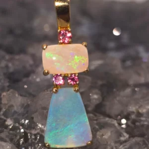Handmade luxury natural opal pendant featuring 2ct White opal and 5ct Crystal opal from Coober Pedy with pink tourmaline accents set in 9ct.yellow gold