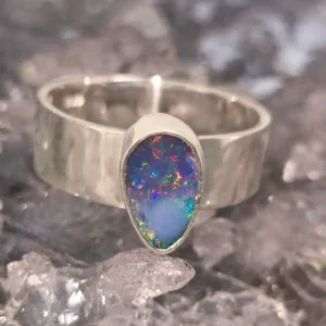 2.00ct Natural Doublet opal ring blue, green, pink, and red hues handmade 925 Silver opal ring size US 12+1⁄2, teardrop shape, polished finish, luminous.