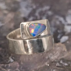 "Savi Luvia" Lightning Ridge Natural Doublet Opal ring size US 11, N4 bodytone, B3 Brightness grade, multicolour fire of blue, green, pink, orange, gold, and red set in 925 Sterling Silver